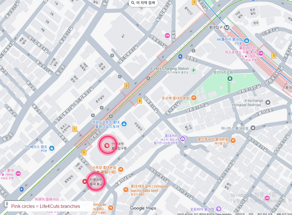 Map of Life4Cuts branches around Hongik University Station, marked with pink circles
